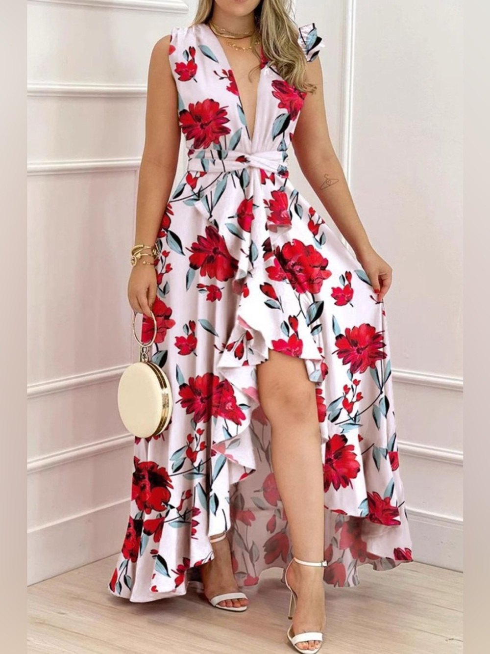Ruffled Plunge Sleeveless Maxi Dress